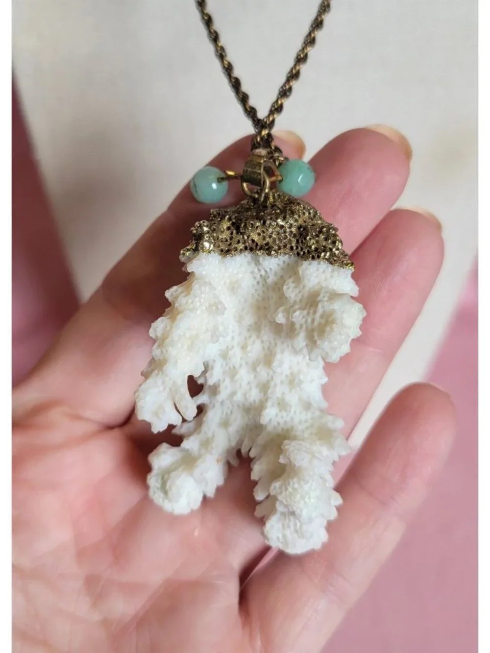 Natural White Coral Pendant Chain Marked AJC 1/20 12kGF Co Necklace N1F